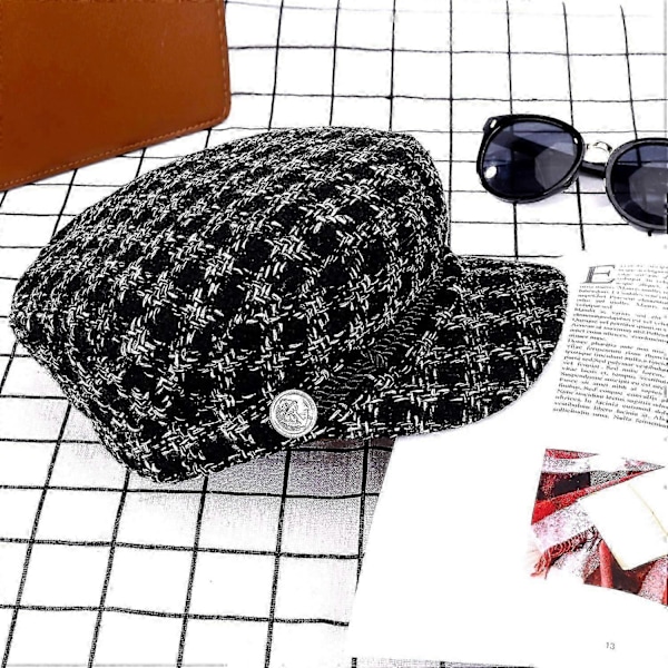 Dame Kort Skygge Visir Beret Retro Britisk Stil Elegant Vinter Flade Hatte ('6 7/8-7 1/8') Sort