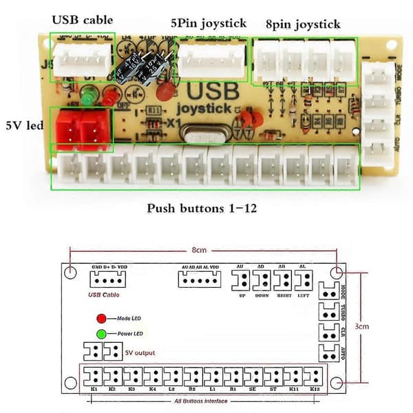 5V LED Nullforsinkelse Brett Arkadespill USB-koder til PC for Joystick Kontroll Trykknapp Tilkoblingskabel