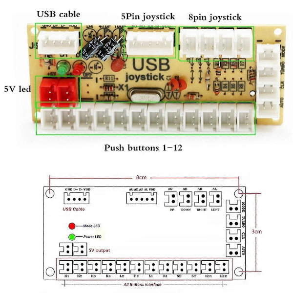 5V LED Zero Delay Board Arkadespil USB Encoder til PC til Joystick Kontrol Trykknap Tilslutningskabel