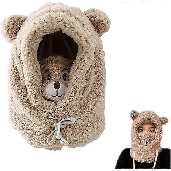 Varm Teddy Bjørnehat med Ansigtbeskyttelse, Sød Bjørneøre Vinter Varm Hat til Kvinder, Vindtætte Plys Hatte, Varmt Halstørklæde, One-Piece Hat