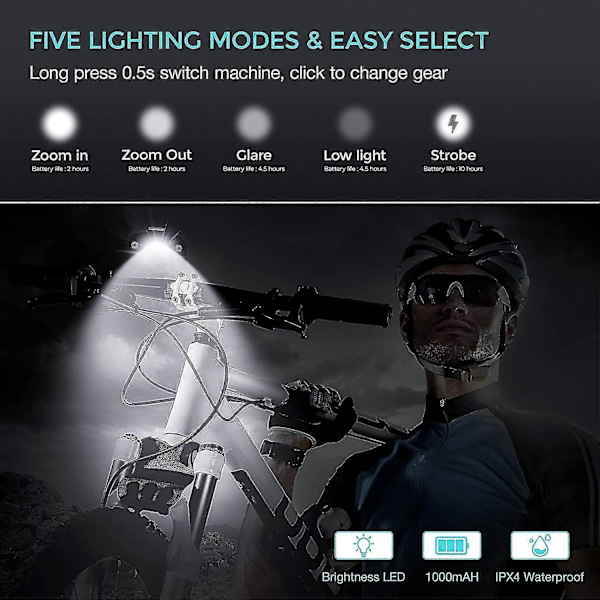 Lumen USB Uppladdningsbart Cykelljus Set, 3 LED Cykelstrålkastare Super Starkt Framljus IPX5 Vattentätt