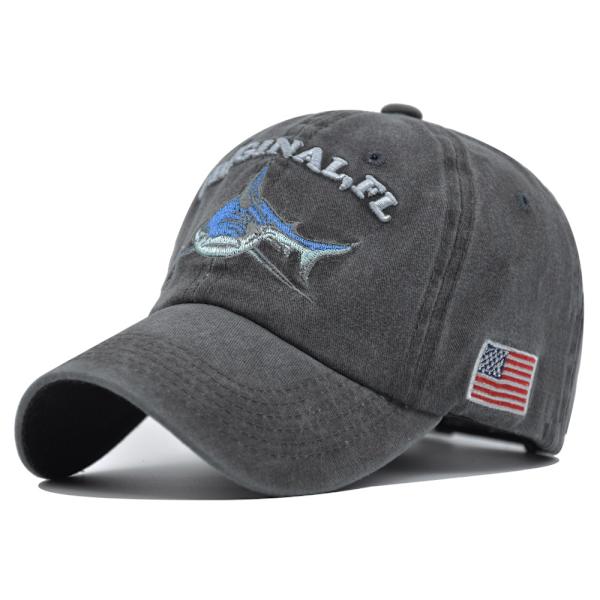 （svart）Shark Broderad Bomullskeps med Tvättad Distressed D