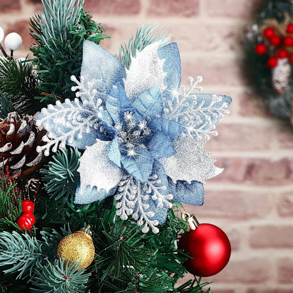#(Lyseblå, 12 stykker) 5,7 tommer kunstige juleglitterblomster Juletreblomstdekorasjon#