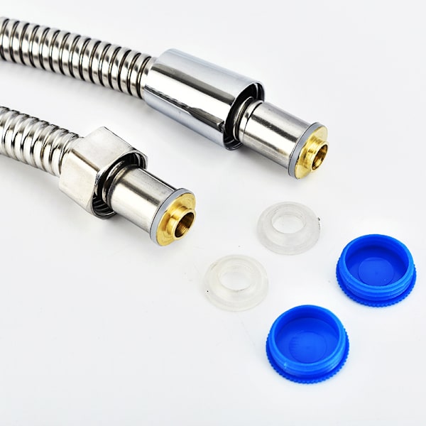 /#/150cm MADE IN INOX bruseslange med dobbelt anti-twist beskyttelse. Knækfri bruseslange med albuebeskyttelse./#/