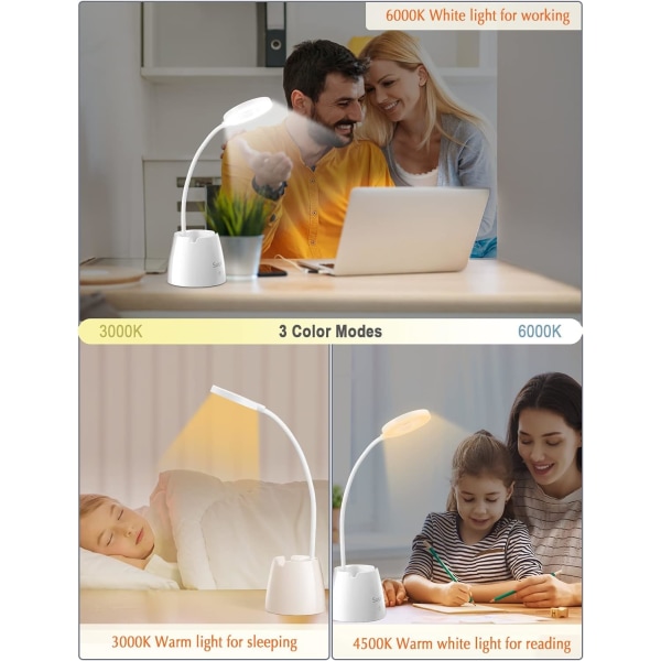 Skrivebordslampe, Dimbar Barnelampe med 3 Lysmoduser, Oppladbar