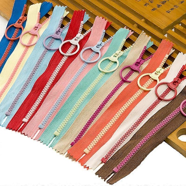 10-pack dragkedjor i harts med metallringar, slumpmässig färg, 30 cm