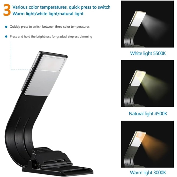 Leselampe LED leselys, 3 farger leselampe boklampe r