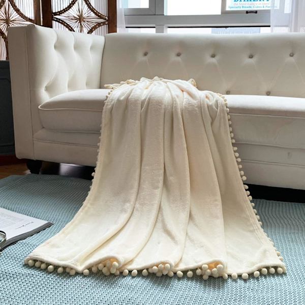 Flannel Tæppe med Pompom Nap Tæppe Hyggelig Seng Tæppe Sof