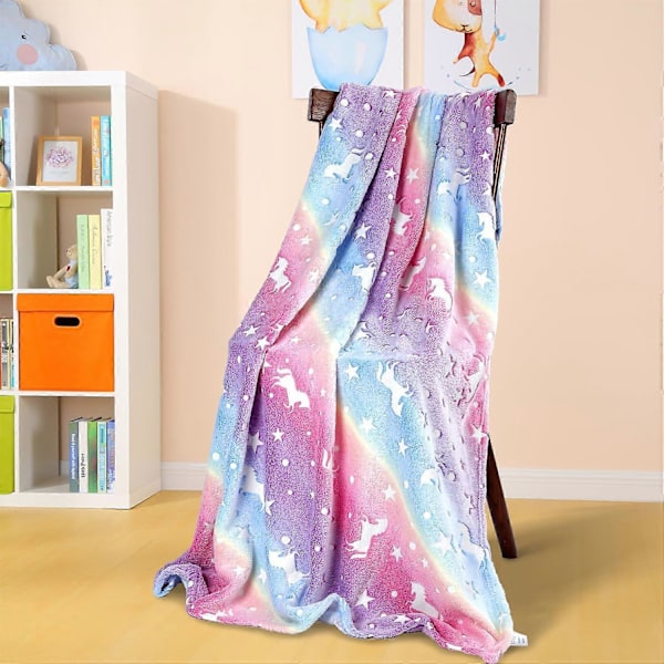 Självlysande Regnbågsenhörningsfilt 127*152CM, Mjuk Flanell för Säng Soffa för Barn och Tonåringar