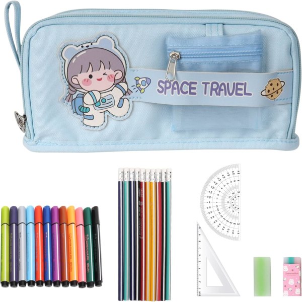 Light blue school bag with a large capacity pencil case with a c