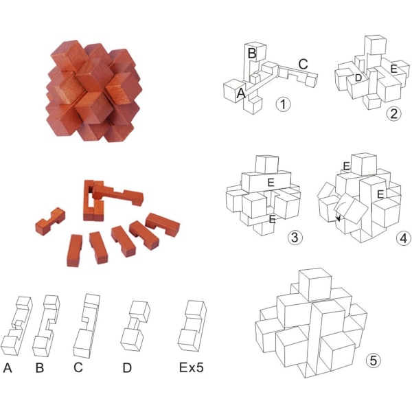 6 delar av trä hjärnteaser, brain Teaser spel, 3D IQ Puzzle Mi