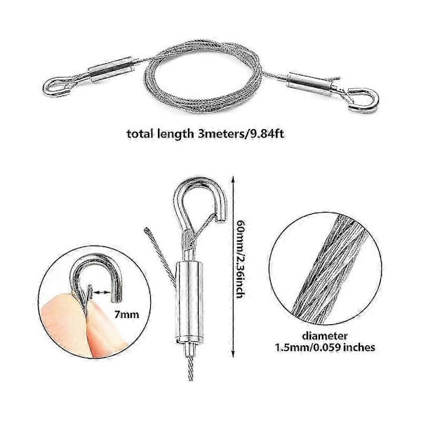 Justerbar billedophængningswire 4 stk. spejlrammesæt - kraftig rustfri stålwire 3 meter x 1,5 mm