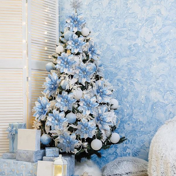 #(Lyseblå, 12 stykker) 5,7 tommer kunstige juleglitterblomster Juletreblomstdekorasjon#