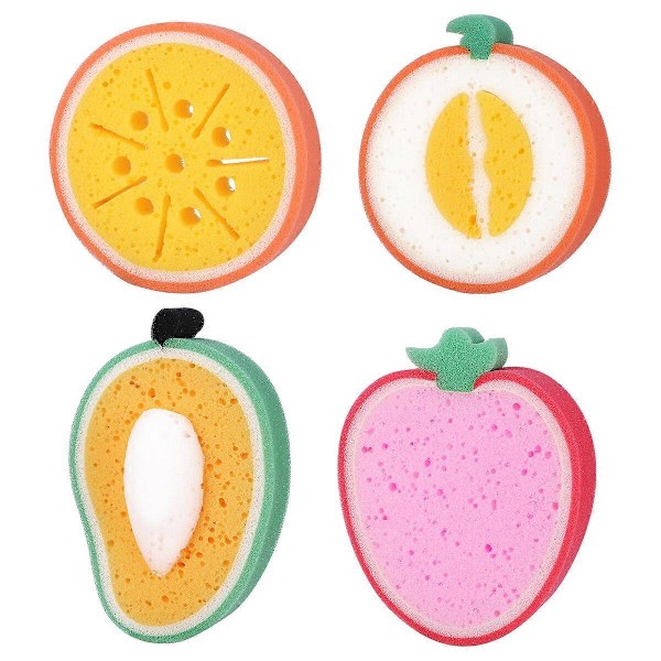 4 stk. Fruktformet Badesvamp Badebørster Svamper Skrubber Badeverktøy for Barn (Mango + Honningmelon + Appelsin + Jordbær)