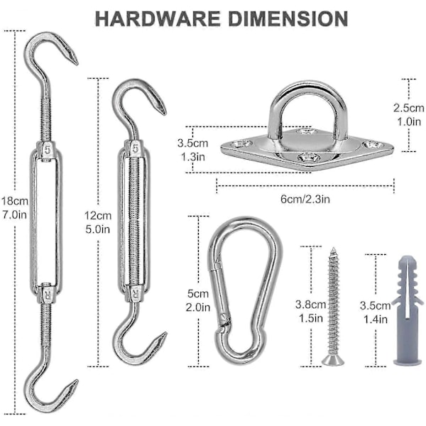 Solsejl Hardware Kit til Firkantet/Rektangel/Trekantet Solsejl, 5 Tommer Rustfrit Stål Anti-rust Installations Hardware Kit til Udendørs Terrasse Ga
