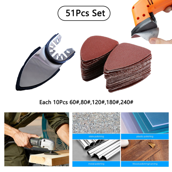 #51 stk Universelle Trekantformede Slip-Puter - Borrelfeste for Oscillerende Multiverktøy for Tresliping Brukt med Sandpapir#