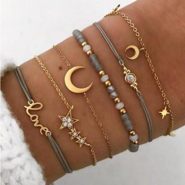 Sæt af 6 boho armbånd Stjerner og måne krystal og ædelstensperle armbånd håndlavet håndkæde til kvinder og piger