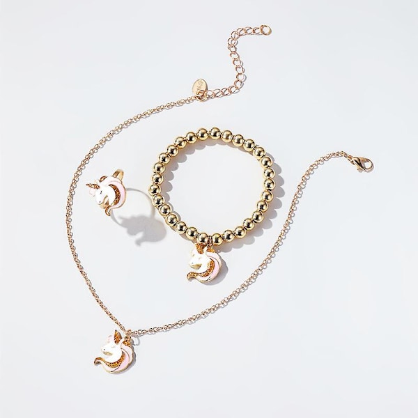 Unicorn Smykkesæt til Piger - Halskæde, Ringe og Justerbart Armbånd - Gaver til Piger