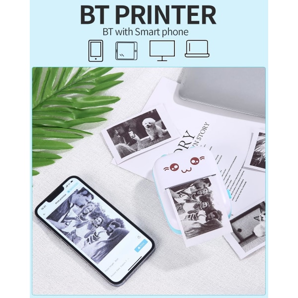 Mini Bærbar Termisk Fotoprinter (Blå) Trådløs BT Lommeprinter