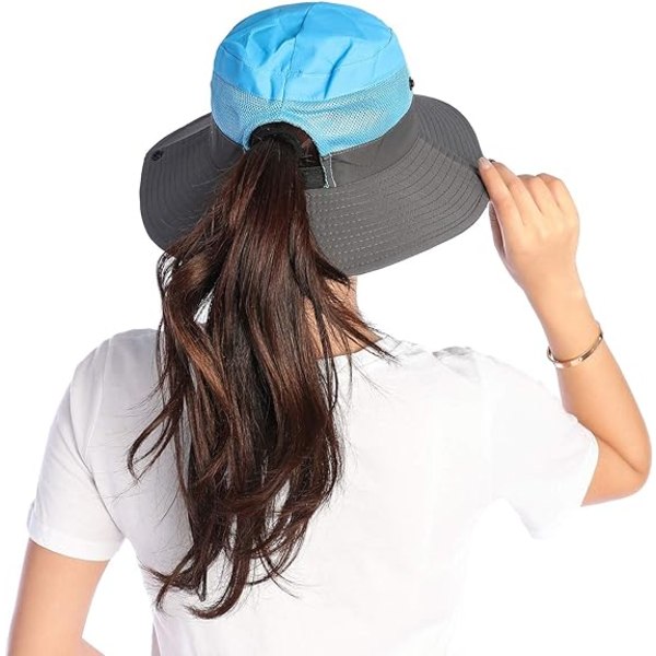 Himmelsblå + Grå - Kvinnors Solhatt Bredbrättad Bucket Mesh Boonie Hattar Ou