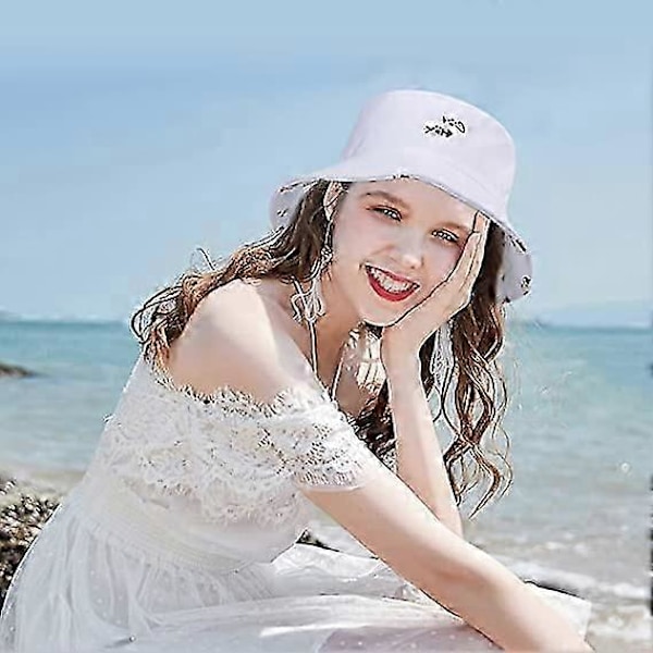 Vändbar Bucket Hat Dam Sommar Solhatt Anti-UV Skydd för Resor Strandvit