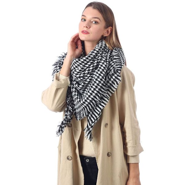 Dam Scarf Svart och Vit Rutmönster Stor Rutig Akryl Ull Lång
