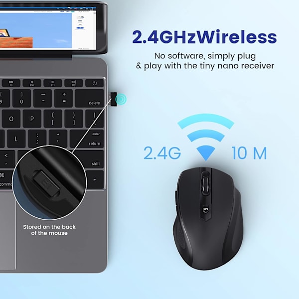 Sort Trådløs Mus, 2400 DPI Trådløs Mus med 6 Knapper, Ergonomisk