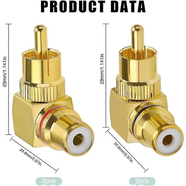 4 Stk. RCA Vinkeladapter, 90 Graders RCA Han til Hun Adapter, RCA Vinkelstik Adapter Guldbelagt til Stereo Audio eller AV Video (2 Røde +