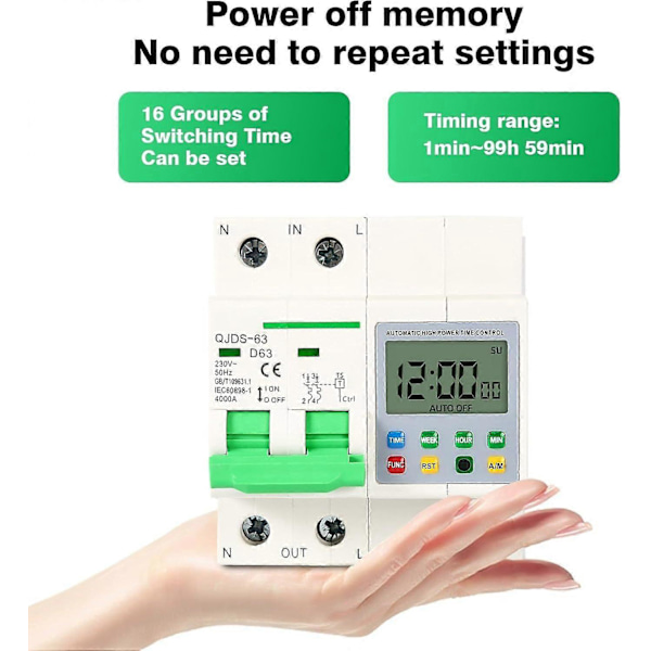 Timer, Automatisk tidsbryter Høyeffekt tidsstyringsbryter med 16 grupper justerbar tidskontroller for husholdningsapparater, 2P 63A AC230V