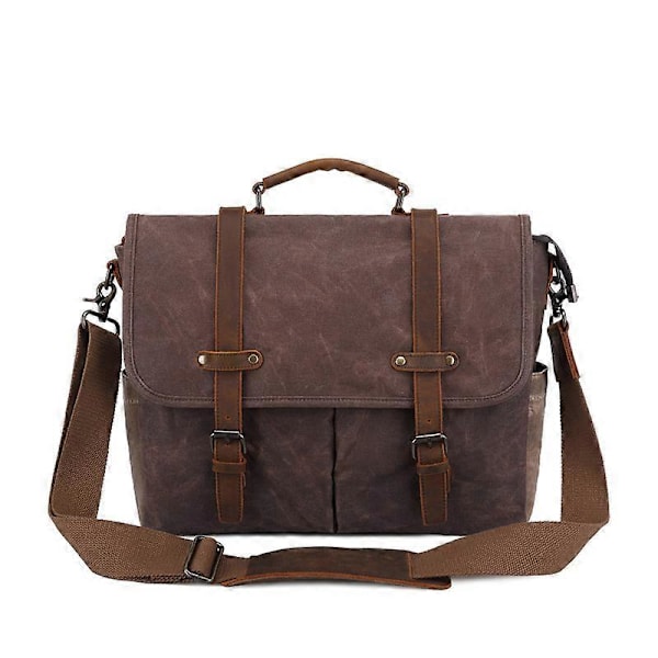 Messenger Bag för Män 15.6 Tum Vattentät Vintage Äkta Läder Vaxad Canvas Portfölj Stor Läder Dator Laptop Väska Robust Axelremsväska,