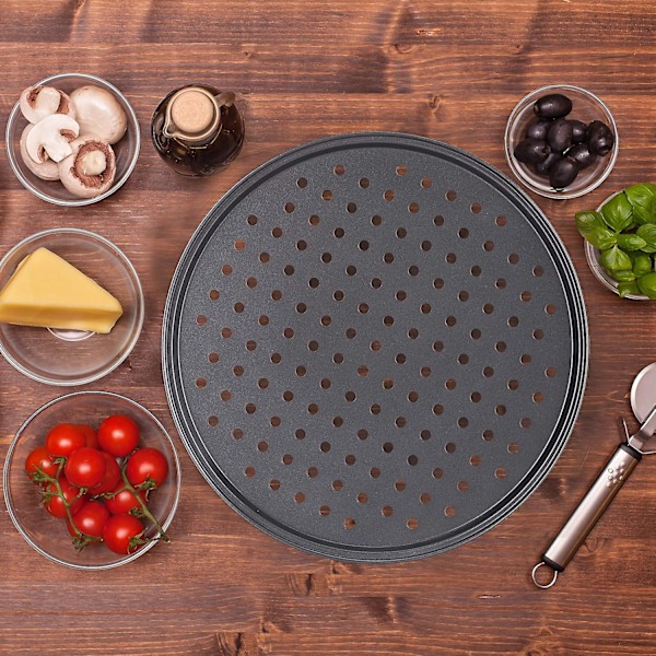 Sæt med 2 runde non-stick perforerede pizzaforme i gråt kulstofstål 32 cm
