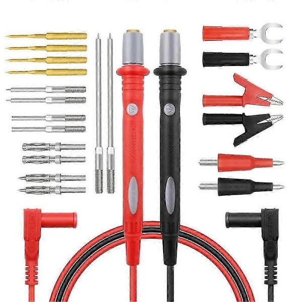 22 stk. multimeter testledningssett, testledninger med bakprober, multimeterprober, testledninger med krokodilleklemmer, prober