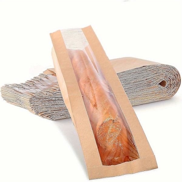 50 stk. papirbrødposer med vindu for hjemmelaget brød, baguettposer brune kraft-loffposer, lange franske brødposer, brødkjeks-emballasje B