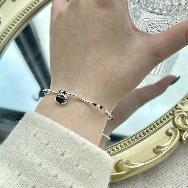 Sort agat armbånd, S925 sterling sølv niche design simpelt perlearmbånd