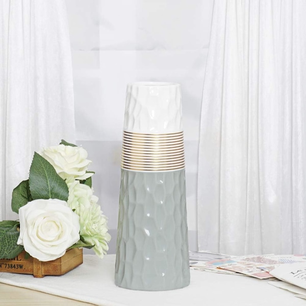 28 cm Hög Blomvas i Keramik, Guldgrå Vit, Dekorativ Design