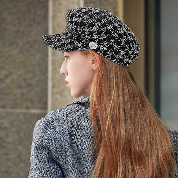 Dame Kort Skygge Visir Beret Retro Britisk Stil Elegant Vinter Flade Hatte ('6 7/8-7 1/8') Sort