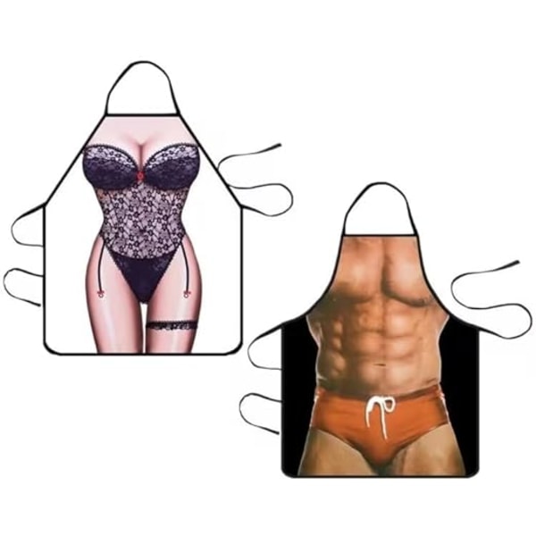 Rolig Kockförkläde Set för Par (Mansmuskler + Sexig Kvinna)
