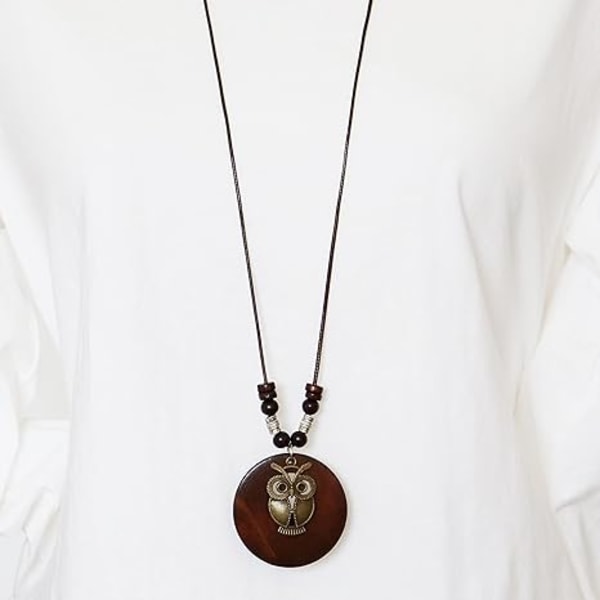 2 st Träpendant Halsband med Uggla Blad Charm Långt Vaxrep