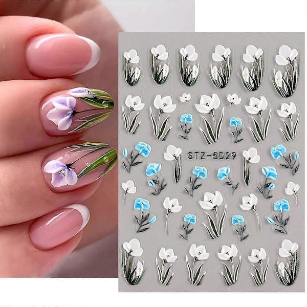 Präglade Fjärils Nageldekaler 5D Självhäftande Design Nagelkonst Tillbehör Utsökt Lyxigt Blomma Blad Spetsmönster (6 ark)