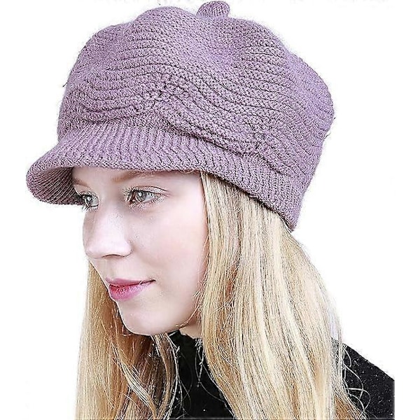 Dam Vinter Varm Slouchy Kabelstickad Mössa Skull Hat med Skärm