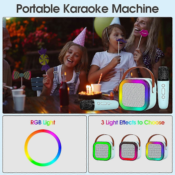 Karaokemaskine til børn og voksne, mini bærbar Bluetooth-karaokehøjtaler med 2 trådløse mikrofoner og dynamisk lys