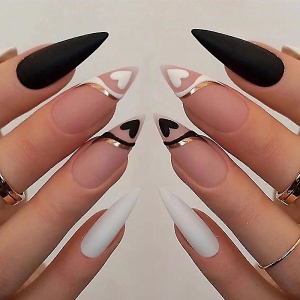 Bär pansar fransk svart och vit kärlek hopp färg falska naglar guldlinje nagel frostad nagelspets
