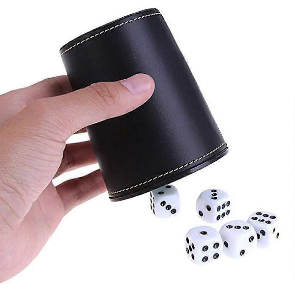 5-pack Svarta Tärningskoppar i Läder (8,9 x 7,6 cm) med Färgglad Sammetfodrad Insida och 25 Matchande Färgglada Tärningar