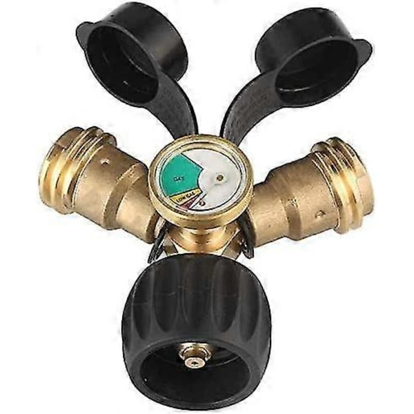 Propan Splitter, Propan Tank Y Splitter Adapter med Tryckmätare, Solid Mässing Gas Tryckdetektor med 1 Hona Qcc och 2 Hane Qcc