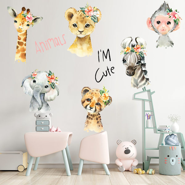 Giraff, apa, elefant, lejon väggdekal vardagsrum sovrum