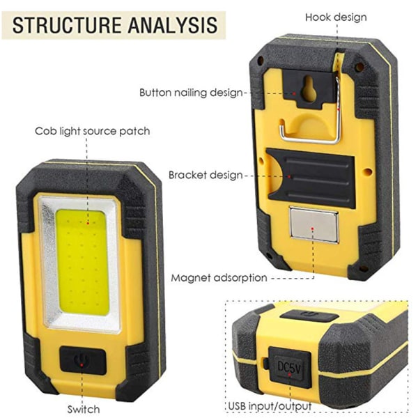 Y36 LED arbetslampa med magnet, USB-laddningsbar, bärbar kamera