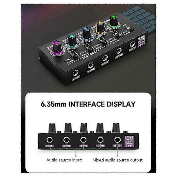 Mini 4-kanals Ultra Lavt Støy Stereo Mikser for Mikrofon & Gitar - MH400 (EU-Plugg)