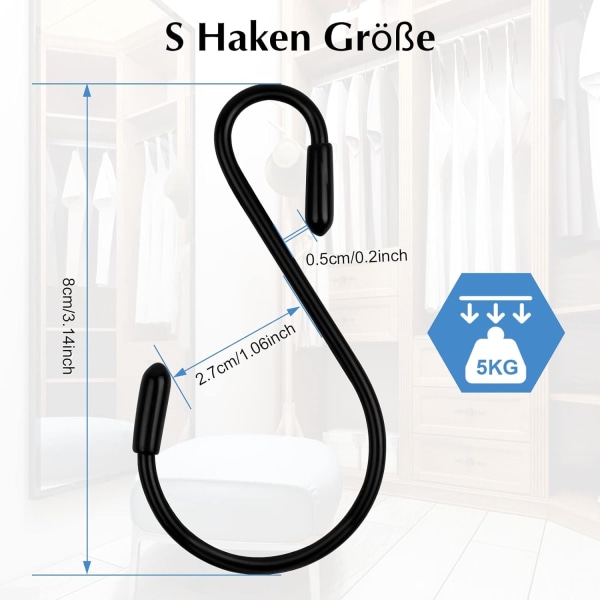 S Hooks Pack of 12 - Black - 8cm - S Shaped - Maximum Load: 5kg