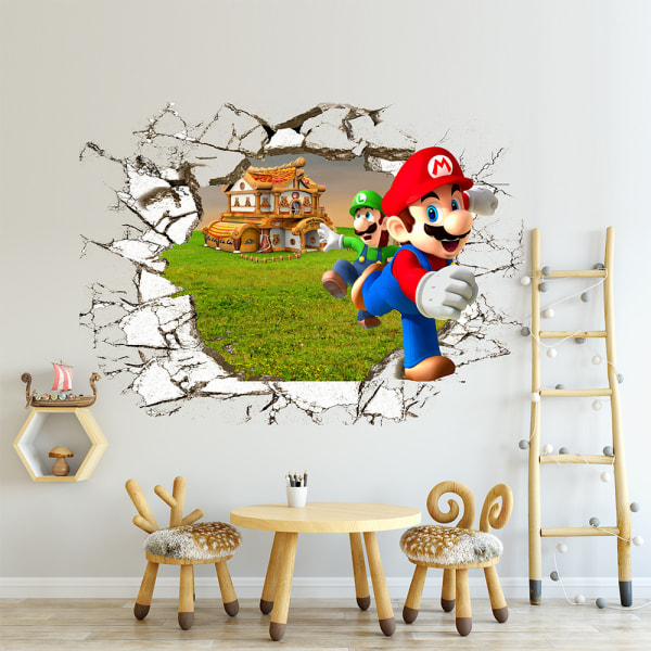 Väggdekaler 3D Brutet Vägg Mario Väggdekaler Mural Dekaler för