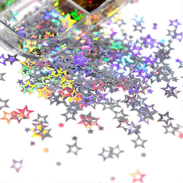 12 Fack/låda Holografiskt Glitter Ihåliga Stjärnor Form Pailletter Epoxiharts Fyllning
